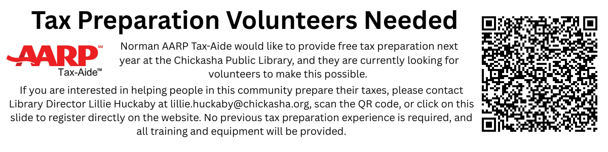 Tax preparation volunteers for AARP Tax Aide needed. Click here to learn more and apply.